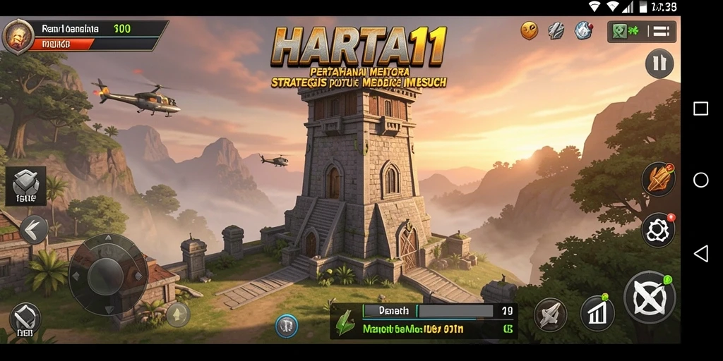 Tampilan gameplay HARTA11 dengan menara yang siap menahan serangan musuh.