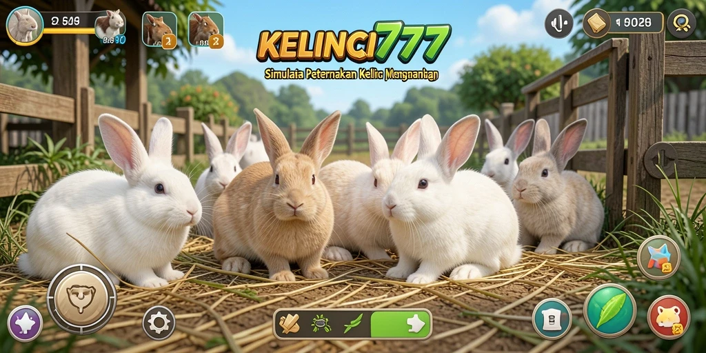 Tampilan gameplay KELINCI777 dengan peternakan kelinci yang indah.