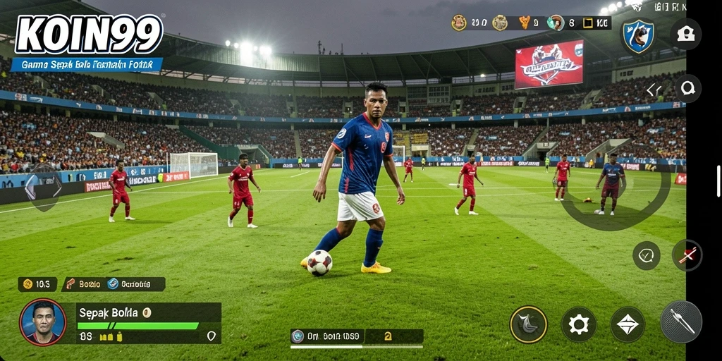 Tampilan gameplay KOIN99 dengan aksi sepak bola yang seru dan realistis.