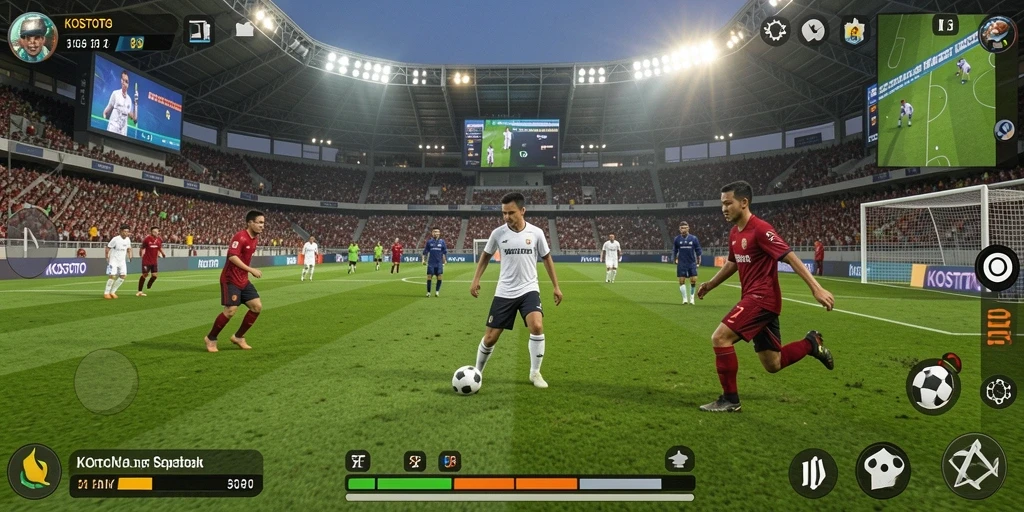 Tampilan gameplay KOSTOTO dengan aksi sepak bola yang seru dan realistis.