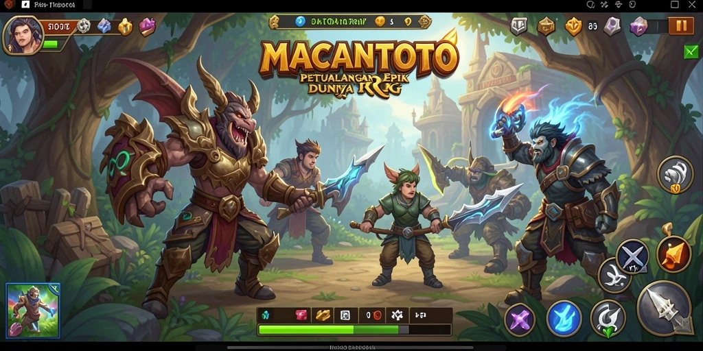 Tangkapan layar utama MACANTOTO menampilkan pertarungan epik di dunia fantasi.
