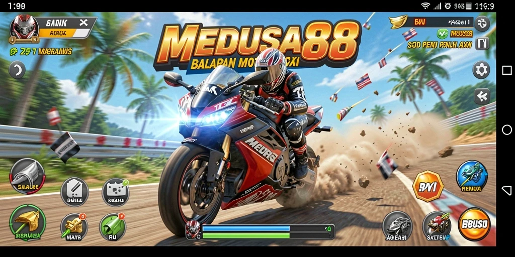 Tampilan seru dari gameplay balapan motor MEDUSA88.