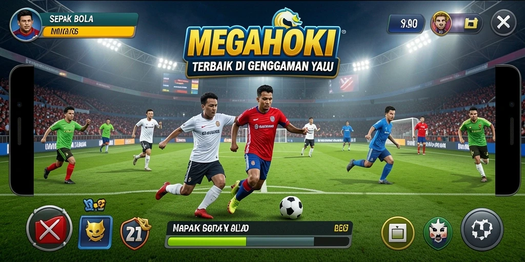 Tampilan gameplay <strong>MEGAHOKI</strong> yang seru dan menegangkan di lapangan sepak bola.