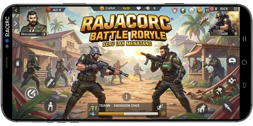 Gameplay mendebarkan dalam RAJACORC Battle Royale.