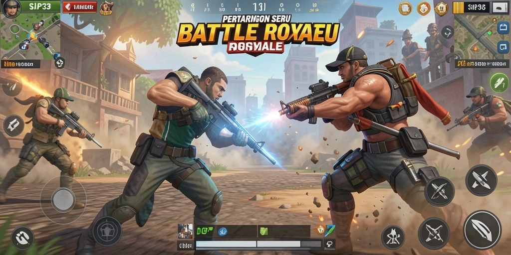 Screenshot gameplay SIP33 yang menampilkan pertempuran Battle Royale yang seru.